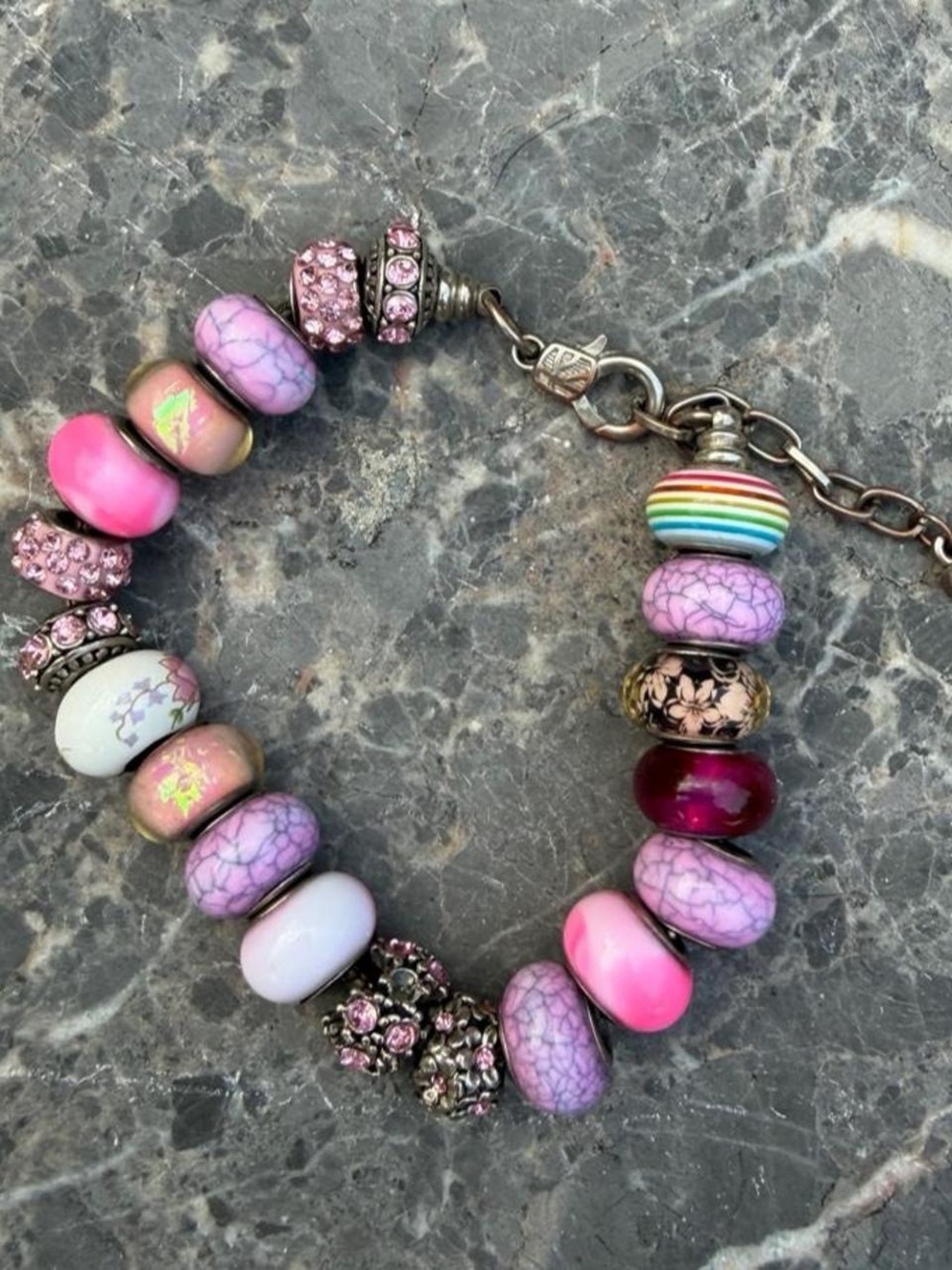 Pink & purple beaded statement bracelet with multicolored colorful charm # - Picture 2 of 4
